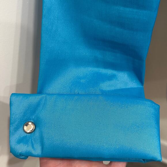 VTG 80s Tadashi Shoji Turquoise Ruched Iridescent Taffeta Blouse Small Glam Bold - Picture 5 of 9